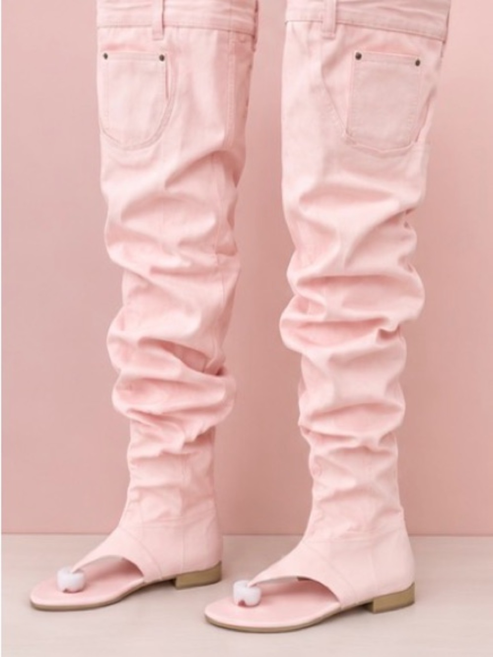 Pink Denim Jean-Style Thigh-High Sandal Boots โ Size 9